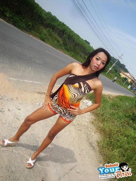 Slim Thai girlfriend flashing outdoors by the side of the road