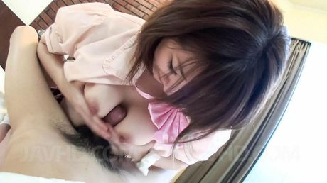 Hiromi Asian gets hard tool between her jugs and in hairy nooky