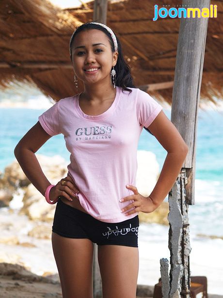 Asian teen flashes small A cup boobs in tight black shorts