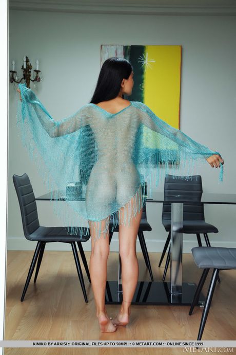 Asian teen Kimiko shows her tiny tits and spreads her shaved pussy